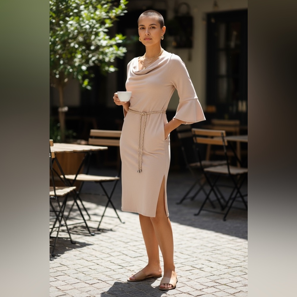 Elegant Beige Cowl Neck Dress - Picture 3 of 8